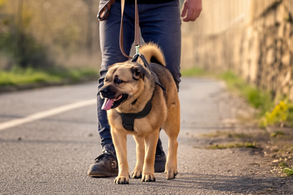 Chien marchant en laisse détendue avec son propriétaire