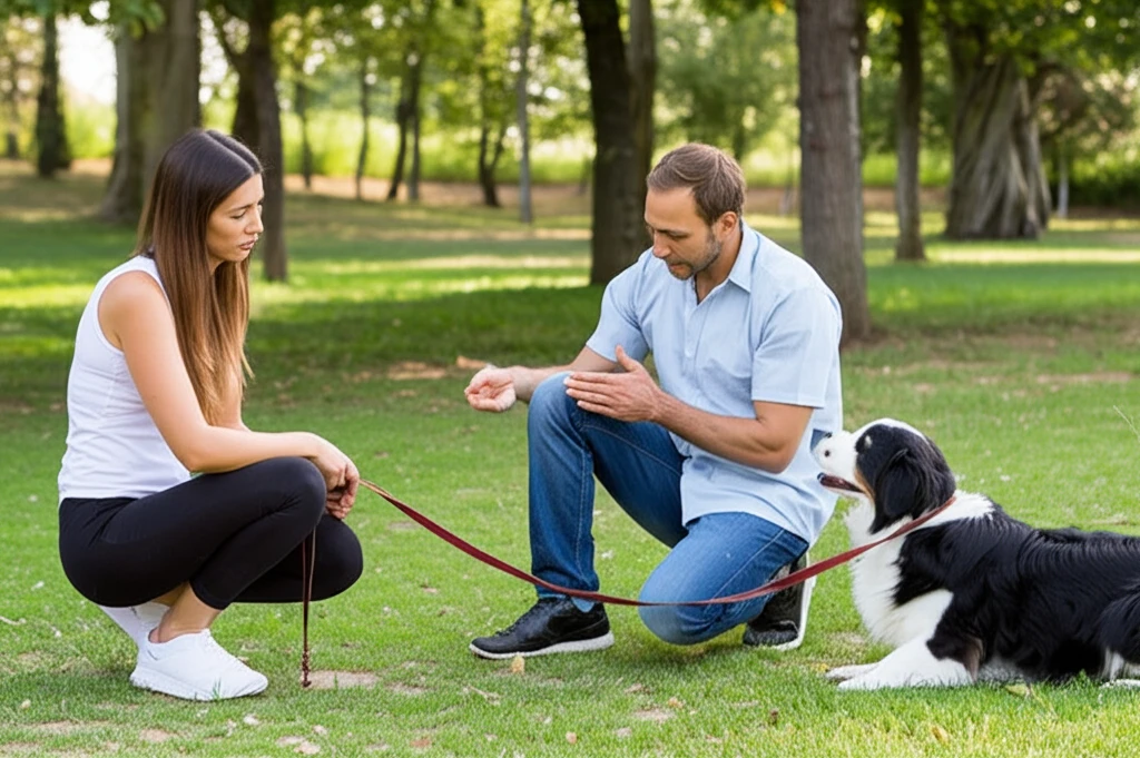 Un éducateur canin expliquant une méthode d'éducation à un propriétaire de chien